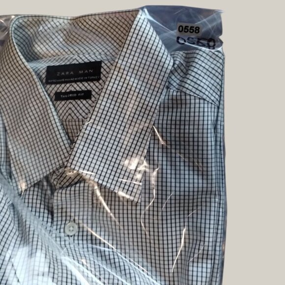 Zara Man Tailored Fit Checkered Long Sleeve Cotton Shirt Black/White Size 16 - Picture 7 of 10